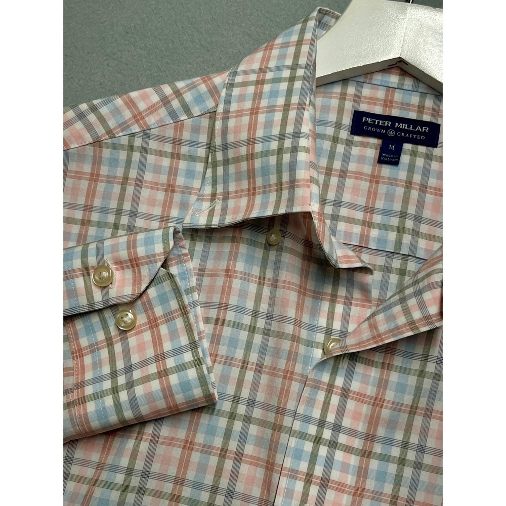 New Peter Millar Crown Crafted Men Medium Plaid‎ Button Up Shirt Pink Blue Sage
